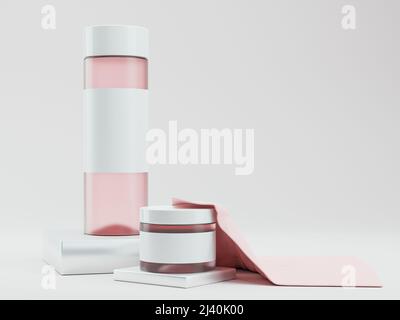 3d rendering vaso vetro opaco con etichetta vuota. Trucco o cosmetici per la cura della pelle. Bianco e rosa colori. E-commerce mockup Foto Stock