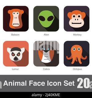 Animale faccia piatta set di icone, illustrazione vettoriale Illustrazione Vettoriale