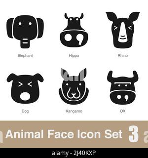 Icone di disegno piano faccia animale, illustrazione nera vettore Illustrazione Vettoriale