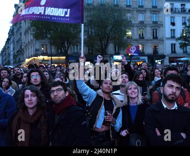 I tifosi attendono al Cirque D'hiver, il luogo d'incontro per i sostenitori di Jean-Luc Melchon della LFI, durante il primo round del Presidential Foto Stock