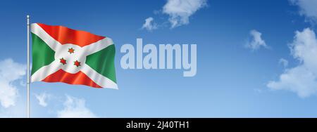 Bandiera del Burundi, rappresentazione tridimensionale, isolata su un cielo blu. Banner orizzontale. 3D illustrazione Foto Stock