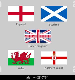 Bandiere di Regno Unito e Inghilterra, Scozia, Irlanda del Nord e Galles. Illustrazione vettoriale Illustrazione Vettoriale
