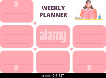 Modello stampabile per pianificatore settimanale. Pagina settimana di pianificazione vuota per bambini e adulti con adesivi per giorni. Ragazza carina di cartoni animati alla reception con libro. Ora Illustrazione Vettoriale