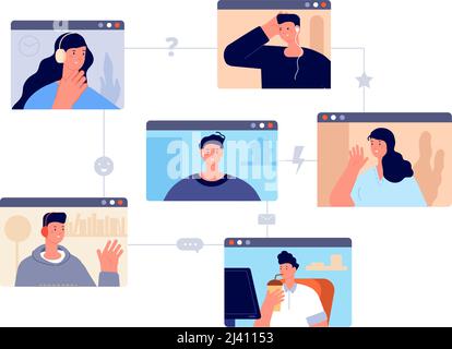 Giovane team di startup. Fare affari online, studenti virtuali o colleghi. Rete di persone, gruppi di amici parlano in chat video. Chiamata a una riunione o a una lezione Illustrazione Vettoriale
