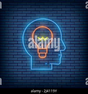 Testa vettoriale con lampada, generazione di idee, cartello al neon di conoscenza. Illustrazione vettoriale in stile neon. Illustrazione Vettoriale
