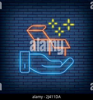 Mano vettoriale con scatola, consegna, cartello al neon regalo. Illustrazione vettoriale in stile neon. Illustrazione Vettoriale