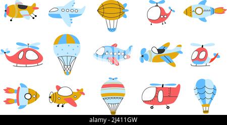 Trasporto aereo per bambini. Mongolfiere, aeroplani e velivoli ad aria calda. Trasporto aereo isolato, gita per bambini o avventura in aereo. Oggi bambini Illustrazione Vettoriale