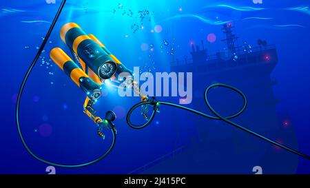 rov subacqueo autonomo o drone con manipolatori o bracci robotici. Moderno veicolo subacqueo a comando remoto. Robot sottomarino per immersione subacquea profonda Illustrazione Vettoriale