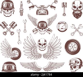 Badge biker. Moto emblemi con moto cranio e choppers casco protettivo e ali esatti collezione di immagini vettoriali Illustrazione Vettoriale