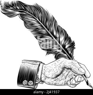 Abito a mano con penna quill Feather Ink Pen vintage Woodcut Illustrazione Vettoriale