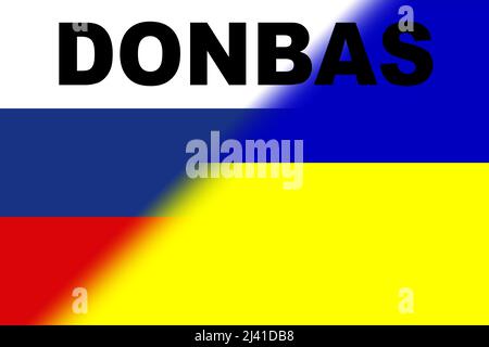 Donbas. Conflitto tra Ucraina e Russia. Immagine della bandiera della Russia e della bandiera dell'Ucraina con la parola Donbas scritta su di essa. Immagine orizzontale Foto Stock