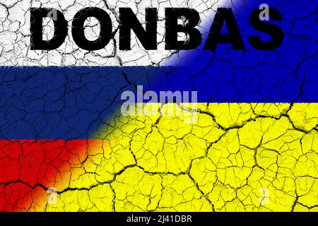 Donbas. Conflitto tra Ucraina e Russia. Immagine della bandiera della Russia e della bandiera dell'Ucraina con la parola Donbas scritta su di essa. Immagine orizzontale Foto Stock