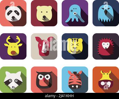 Set di icone di disegno piano faccia animale Illustrazione Vettoriale