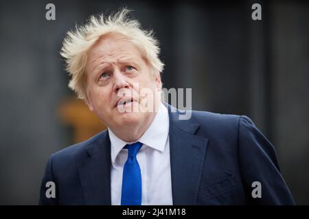 KIEV, UCRAINA - 09 aprile 2022 - il primo ministro britannico Boris Johnson incontra il presidente ucraino Volodymyr Zelensky durante una visita in guerra Foto Stock