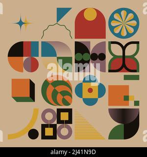 Arte decorativa ispirata al design del movimento del Mid Century realizzato con forme geometriche astratte e forme audaci. Grafica digitale per poster, copertina, arte, pr Illustrazione Vettoriale