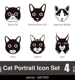 Cat breed faccia cartoon nero piatto icona serie, illustrazione vettoriale Illustrazione Vettoriale