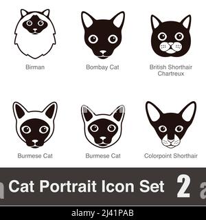 Cat breed faccia cartoon nero piatto icona serie, illustrazione vettoriale Illustrazione Vettoriale