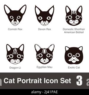 Cat breed faccia cartoon nero piatto icona serie, illustrazione vettoriale Illustrazione Vettoriale