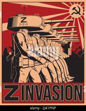 Invasione russa dell'Ucraina. Invasione Z. Soldati con torrette cisterna invece di teste. Stampa di illustrazioni vettoriali. Illustrazione Vettoriale