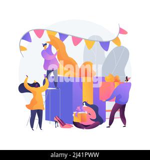 Illustrazione vettoriale del concetto astratto di apertura del regalo. Giorno dopo festa, regalo-opeing insieme, tradizione di festa di famiglia, ottenere presente, ospite i Illustrazione Vettoriale