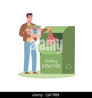 L'uomo che porta l'abito di seconda mano e mette in un contenitore di donazione. Un sistema per lo scambio e il riciclaggio dei vestiti usati per le persone bisognose di aiuto. Illustrazione vettoriale piatta, stile cartoon. Illustrazione Vettoriale