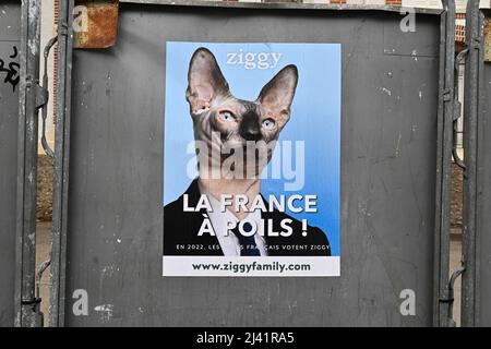 Parigi, Francia. 09th Apr 2022. Il marchio alimentare Cat Ziggy imita i poster della campagna elettorale presidenziale a Parigi, in Francia, il 9 aprile 2022. (Foto di Lionel Urman/Sipa USA) Credit: Sipa USA/Alamy Live News Foto Stock