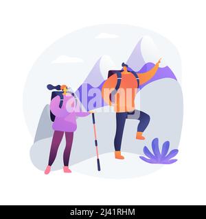 Escursione astratta concetto illustrazione vettoriale. Stile di vita attivo, arrampicata, campeggio all'aperto, percorso trekking, passeggiate in campagna, viaggi avventuru Illustrazione Vettoriale