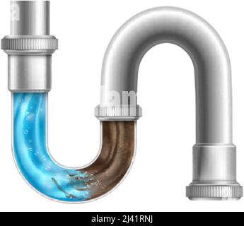 Tubo di scarico realistico. Ostruzione tubazioni 3D tubi sotto il lavandino o la fognatura, liquido detergente per srotolatura fognature, blocco di acqua pulita in sporco drenaggio pipped illustrazione vettoriale ordinata. Tubazioni Illustrazione Vettoriale