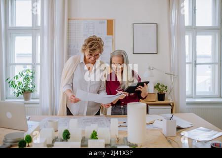 Le donne mature eco architetti con modello di moderni bulidings e progetti che lavorano insieme in ufficio. Foto Stock