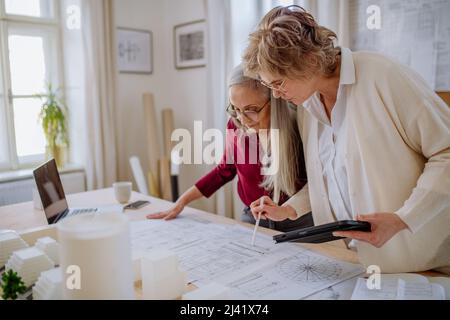 Le donne mature eco architetti con modello di moderni bulidings e progetti che lavorano insieme in ufficio. Foto Stock