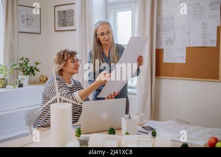 Le donne mature eco architetti con modello di moderni bulidings e progetti che lavorano insieme in ufficio. Foto Stock