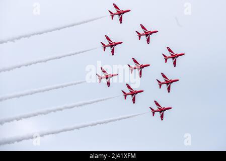 Bray, Irlanda. 29th luglio 2018. Le frecce rosse si esibiscono al Bray Air Show. Foto Stock