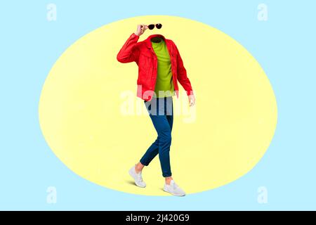 Collage foto immagine surreale headless maschio andare giù città in incognito persona abbigliamento alla moda su sfondo colorato Foto Stock