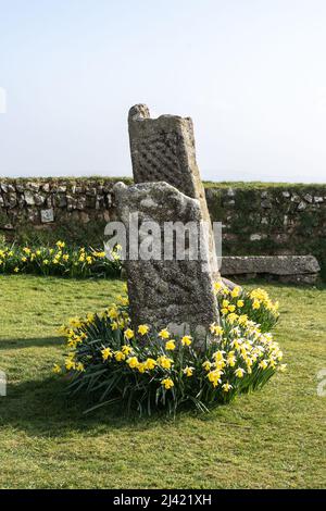 La pietra del re Doniert, o la croce del re, una croce celtica del 9th secolo vicino Bodmin Moor, Cornovaglia, Regno Unito. Il re fu l'ultimo re registrato della Cornovaglia. Foto Stock