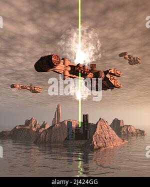Battaglia sopra la base spaziale sull'isola, Spaceship sotto attacco, plasma esplosione, 3D rendering Foto Stock