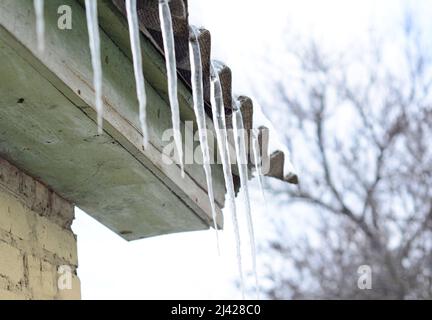 Un primo piano di ghiaccioli appesi al bordo del tetto senza una grondaia come segno di una diga di ghiaccio. Foto Stock