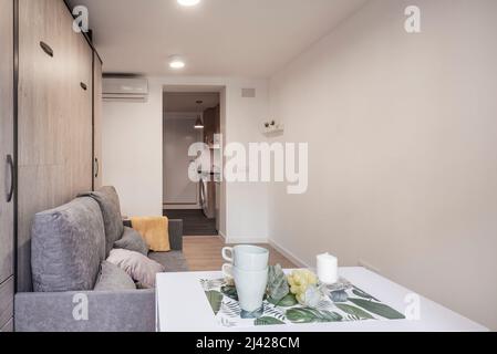 Camera da letto con letto matrimoniale e divano-letto pieghevole, armadio a  muro in legno e pavimento in quercia Foto stock - Alamy