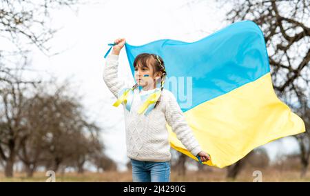 Una bambina con nastri intrecciati gialli e blu e la bandiera Ucraina che sbatte nel vento. Fermare la guerra in Ucraina. Foto di alta qualità Foto Stock