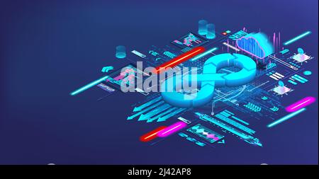 Banner Web concetto di elaborazione DevOps Illustrazione Vettoriale