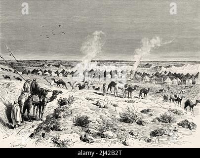 Il campo pellegrino in viaggio verso Nedjed, Arabia Saudita. Pellegrinaggio a Nedjed, culla della corsa araba di Lady Anna Blunt 1878-1879, le Tour du Monde 1882 Foto Stock