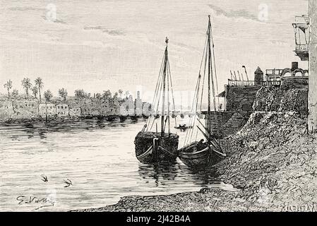 Fiume Tigris nella città di Baghdad, Iraq. Pellegrinaggio a Nedjed, culla della corsa araba di Lady Anna Blunt 1878-1879, le Tour du Monde 1882 Foto Stock