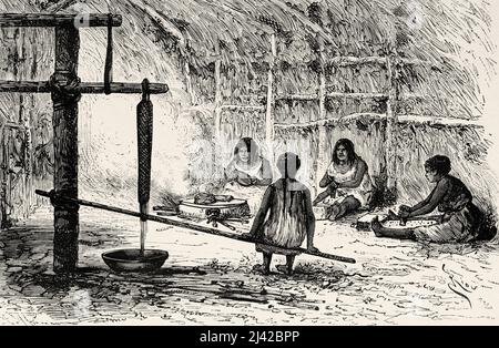 Le donne indigene Piapoco preparano Casabe, Colombia. Sud America. Viaggio di esplorazione attraverso Nuova Granada e Venezuela di Jules Crevaux 1880-1881. Le Tour du Monde 1882 Foto Stock