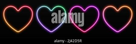 Set di cornici cardiache al neon gradienti. Bordi luminosi isolati su sfondo scuro. Illustrazione Vettoriale