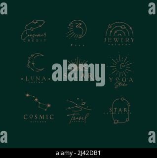 Etichette astrologiche piatte ed eleganti con scritte in linea moderna disegnate con linee marroni su sfondo verde Illustrazione Vettoriale