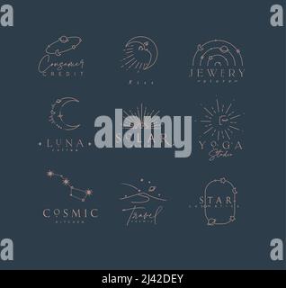 Etichette astrologiche piatte ed eleganti con scritte in linea moderna disegnate con linee marroni su sfondo blu Illustrazione Vettoriale