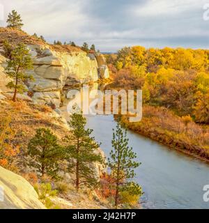 scogliere di arenaria e colori di caduta lungo il fiume lingua vicino ashland, montana Foto Stock