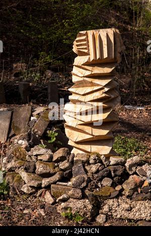 Una scultura in legno si trova nel parco Innerer Gruenguertel in via Innere Kanalstrasse nel quartiere Neustadt-Nord, Colonia, Germania. Eine ho Foto Stock