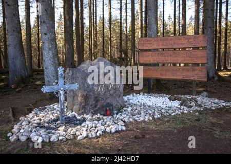 pietra commemorativa e targa della Battaglia della Bunge in una foresta vicino Hellenthal-Hollerath, regione Eifel, Renania settentrionale-Vestfalia, Germania. In questo poi Foto Stock