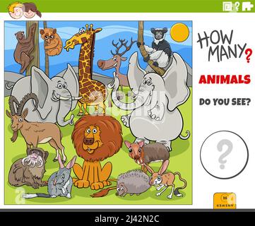 Illustrazione del gioco di conteggio educativo per bambini con il gruppo di personaggi animali selvatici cartoon Illustrazione Vettoriale