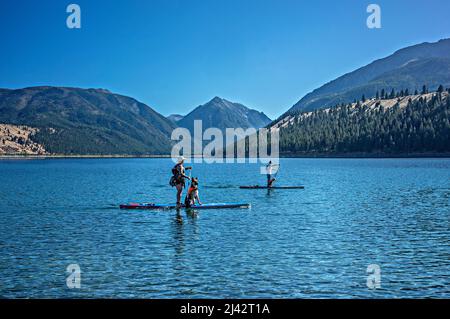 Paddleboard con cani, Wallowa Lake, Oregon Foto Stock